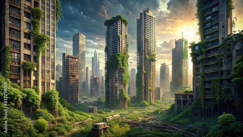 Ruined skyscrapers tower overgrown buildings in a post-apocalyptic skyline photo