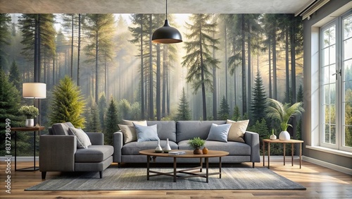 Incredible gray living room with upholstered furniture and a printed forest wall mural photo