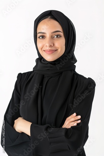Beautiful muslim woman wearing black hijab and smiling