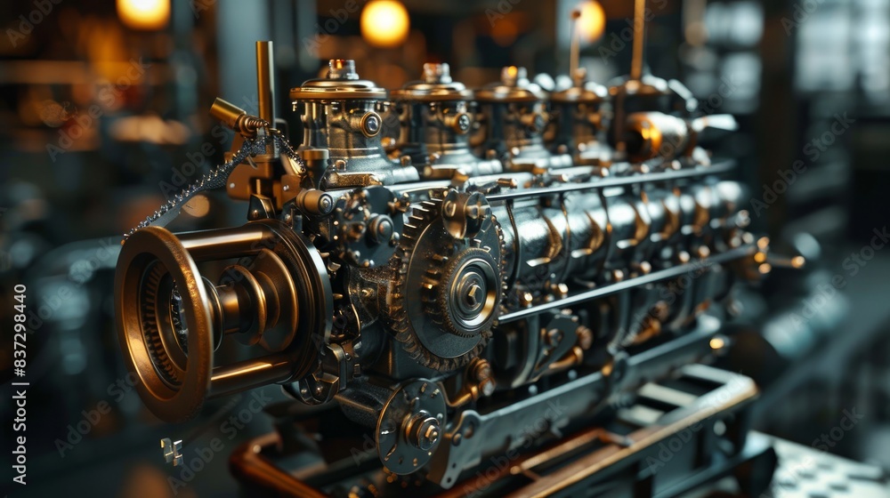 A visual layout showcases a cut metal engine. A visual layout showcases a cut metal engine.