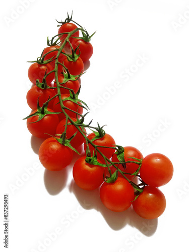 Cherry tomatoes on a branch on a white background