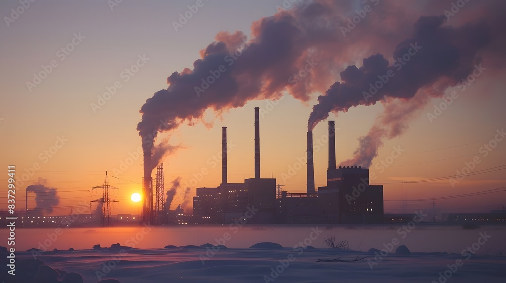 Winter sunset, silhouetted power plant with smoke from burned coal pipes visible Winter sunset, silhouetted power plant with smoke from burned coal pipes visible