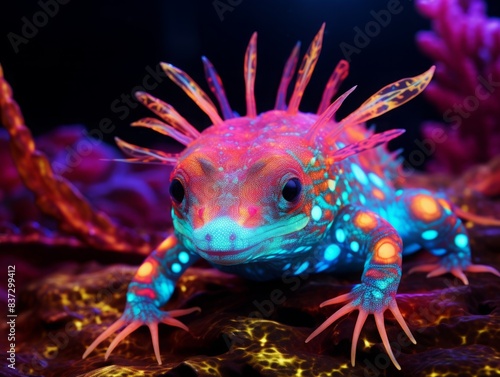 Vibrant neon amphibian with striking colors and intricate patterns under blacklight, blending into a colorful underwater environment. © Naraksad