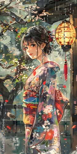 A beautiful Japanese woman in a kimono standing in a rainy street with cherry blossoms