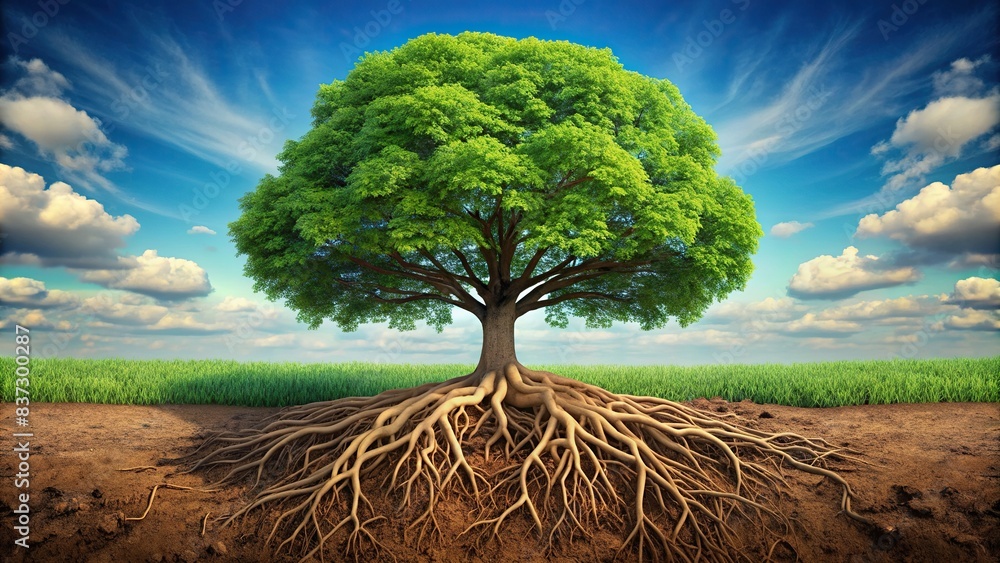 Full Tree Showing Roots Illustrated depiction of a large tree with roots planted in the soil ...
