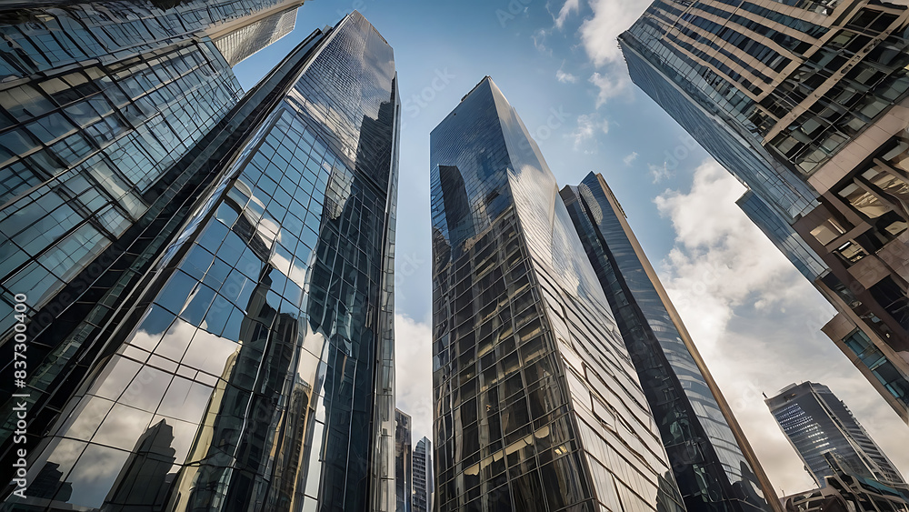 Fototapeta premium Urban Giants: Ground View of Towering Skyscrapers in the City