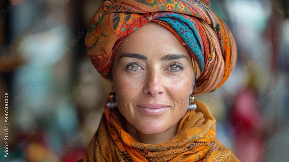 Woman Wearing Colorful Headscarf and Jewelry Against Blue Background Woman Wearing Colorful Headscarf and Jewelry Against Blue Background