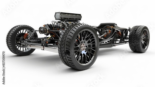 An image of a car chassis with an engine is isolated on a white background.