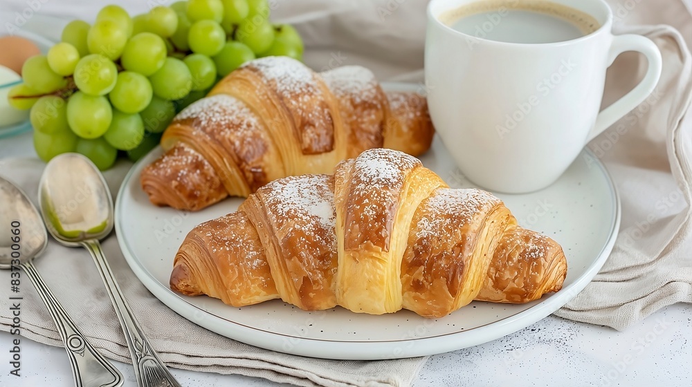 A simple breakfast cofee served table with grapes and two delicious croissants A simple breakfast cofee served table with grapes and two delicious croissants