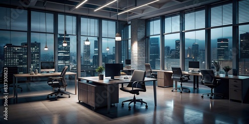 A dark and empty office space symbolizing fatigue from overtime work photo