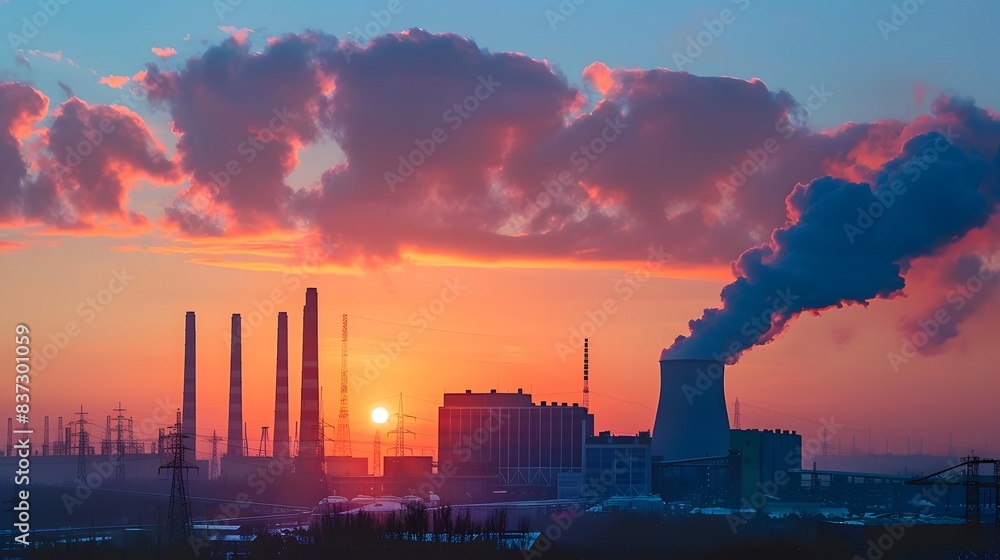 Winter sunset, silhouetted power plant with smoke from burned coal pipes visible Winter sunset, silhouetted power plant with smoke from burned coal pipes visible