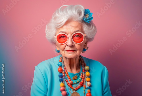 Portrait of an active bright extravagant happy elderly woman