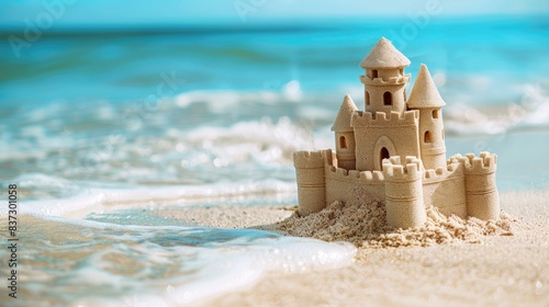sandcastle on sunny beach with turquoise water in the background, empty space for text, holidays and travel, tourism, family resort and children beach activities.