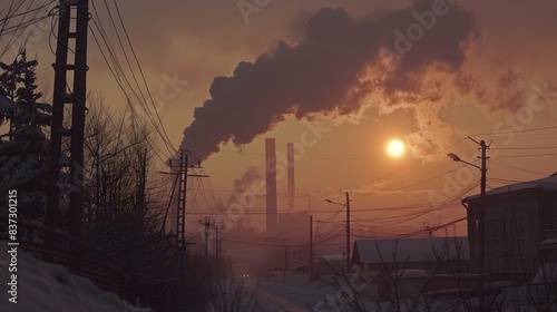 Winter sunset, silhouetted power plant with smoke from burned coal pipes visible