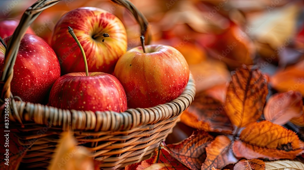 Autumn apples In The Basket on autumn leaves background with copy space Autumn apples In The Basket on autumn leaves background with copy space