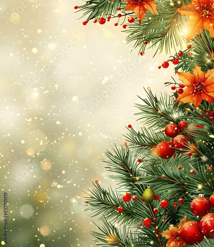 Christmas background with fir branches and red and gold balls