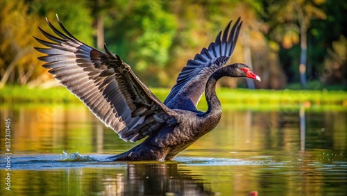 Elegant black swan gracefully gliding on background photo