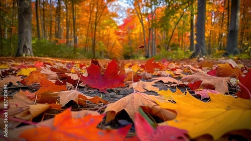 Fototapeta Naklejka Na Ścianę i Meble -  Autumn forest maple leaves fall on ground