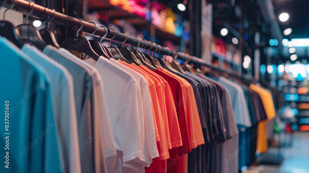 array of plain t-shirts in different shades hanging on a hanger, with a store interior blurred in the background array of plain t-shirts in different shades hanging on a hanger, with a store interior blurred in the background