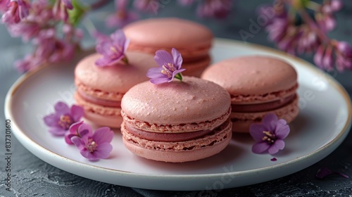 Pink Macarons With Raspberry Jam Filling on a Plate With Purple Flowers