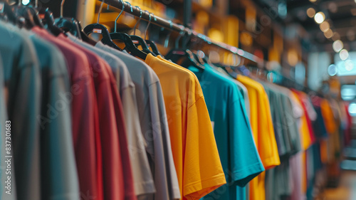 Wallpaper Mural array of plain t-shirts in different shades hanging on a hanger, with a store interior blurred in the background Torontodigital.ca