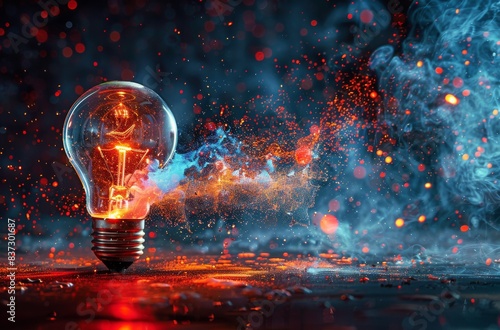 A Single Lightbulb Ignites With Colorful Smoke and Sparks