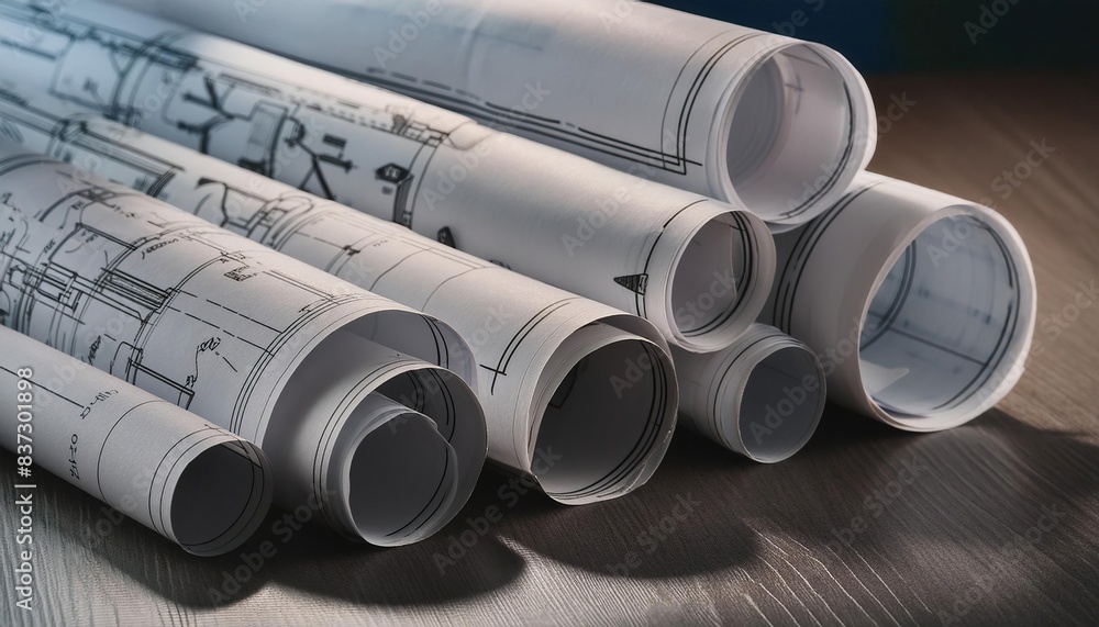 Fototapeta premium Assortment of rolled and unfolded architectural blueprints on a desk, conceptually highlighting planning and design