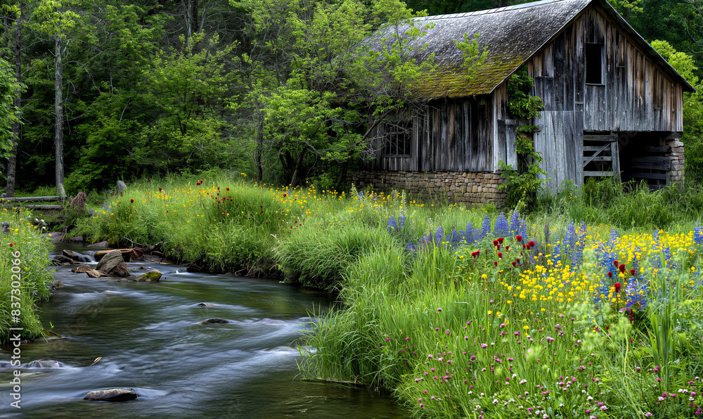 AI generated illustration of a small cabin by a stream with wildflowers in the grass AI generated illustration of a small cabin by a stream with wildflowers in the grass