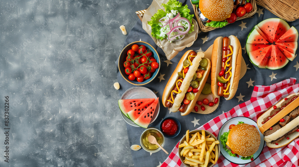 Top view of a picnic blanket spread with traditional American picnic foods like hot dogs, burgers, watermelon slices, and potato salad on a gray surface. Top view of a picnic blanket spread with traditional American picnic foods like hot dogs, burgers, watermelon slices, and potato salad on a gray surface.