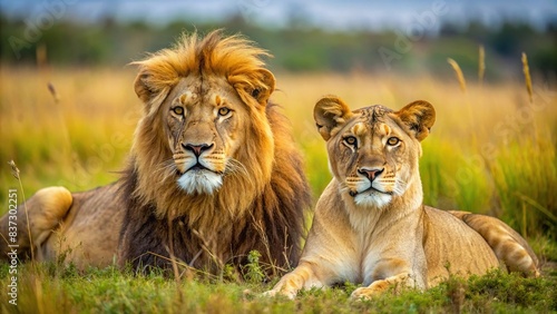 Lion and lioness resting in the Serengeti savannah