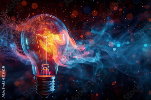 Burning Lightbulb With Blue and Red Smoke Against a Black Background