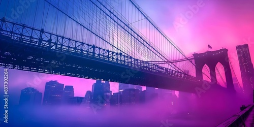 Iconic View of the Brooklyn Bridge at Foggy Sunrise Skyline in NYC. Concept NYC Skyline, Brooklyn Bridge, Foggy Sunrise, Iconic View, Cityscape