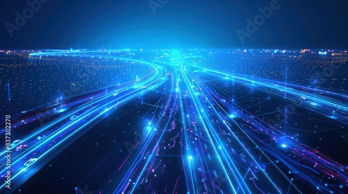 An unobstructed road junction  where two roads intersect  is portrayed with the effect of car headlights at night  featuring polygonal construction of lines and points against a blue background.