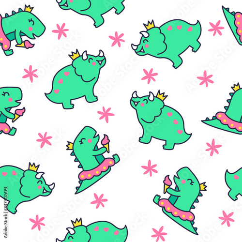 Funny cute girls dinosaurs. Seamless pattern. Kawaii baby dino princess character. Hand drawn style. Vector drawing. Design ornaments.