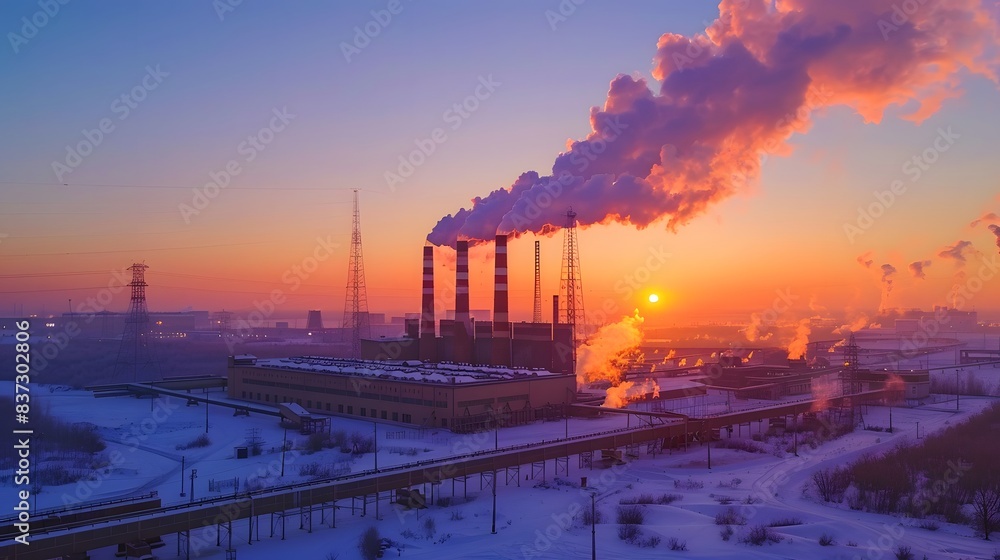 Winter sunset, silhouetted power plant with smoke from burned coal pipes visible Winter sunset, silhouetted power plant with smoke from burned coal pipes visible