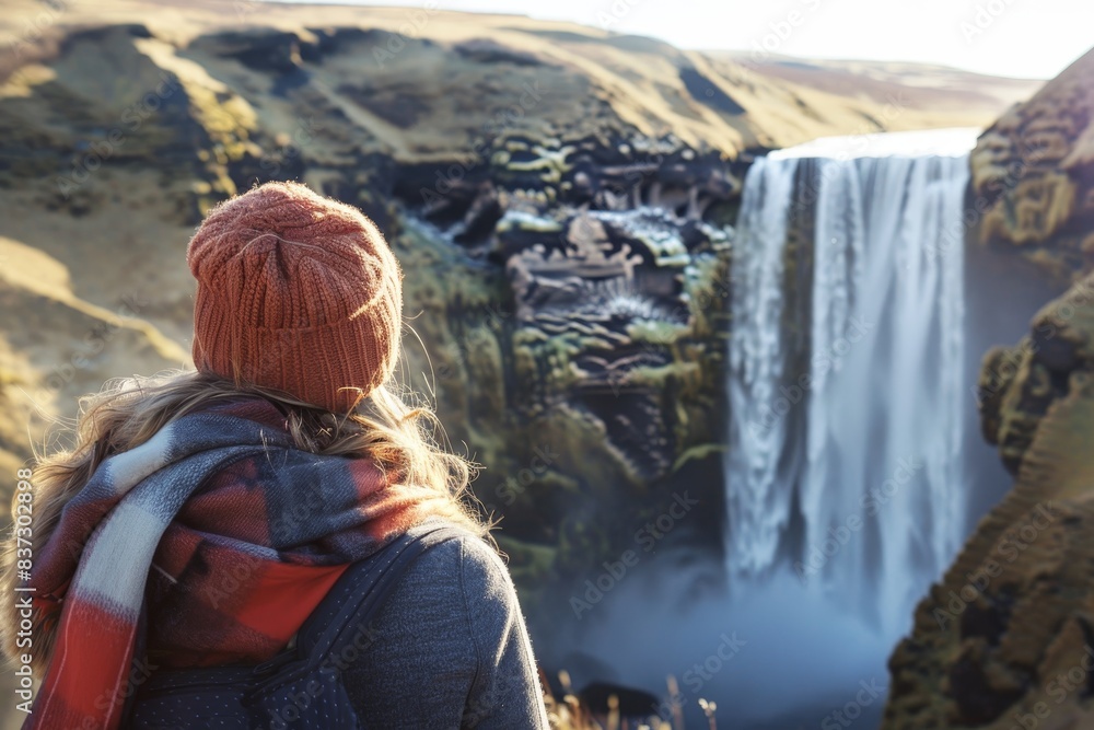 Naklejka premium Woman enjoying the sunlight while overlooking the magnificent skogafoss waterfall in iceland