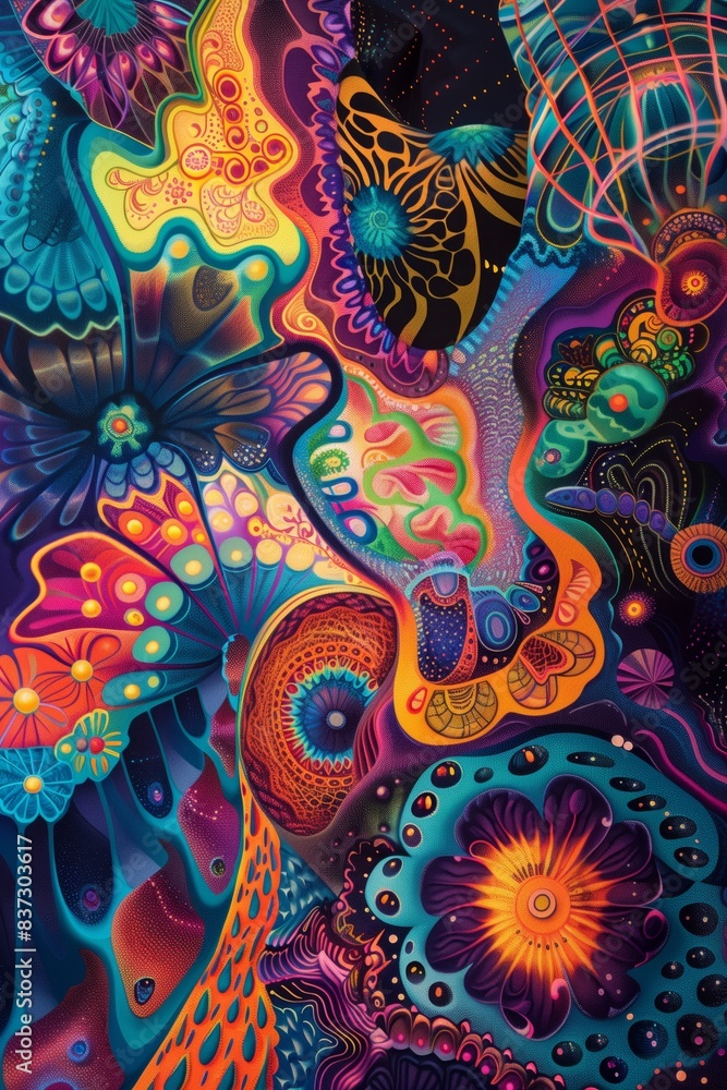Vibrant colors and intricate patterns, merging abstract elements Vibrant colors and intricate patterns, merging abstract elements