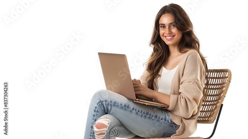 Portrait of full body young woman happy smiling and sit chair using laptop computer, isolated on white background