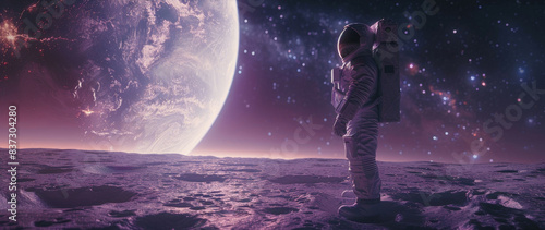 Astronaut Standing On A Purple Moon With Earth In The Distance