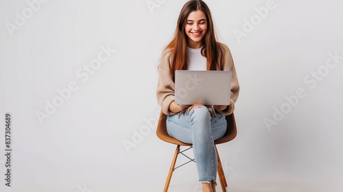 Portrait of full body young woman happy smiling and sit chair using laptop computer, isolated on white background