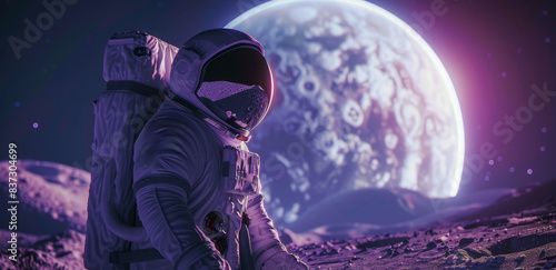 Astronaut Standing On A Purple Moon With Earth In The Distance