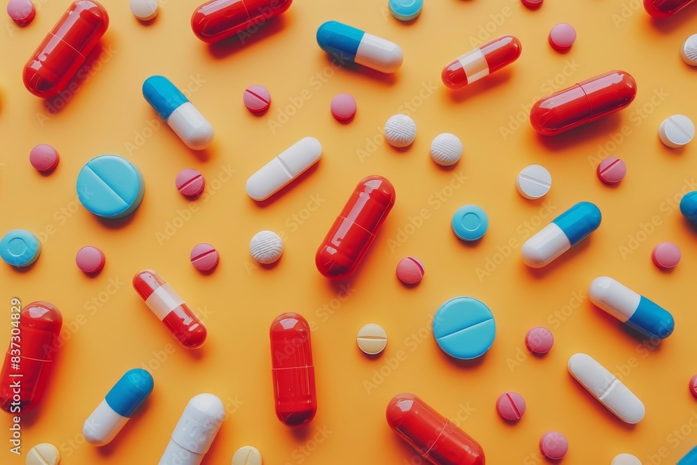 Assorted medication pills and capsules arranged in vibrant close-up flat lay composition Assorted medication pills and capsules arranged in vibrant close-up flat lay composition