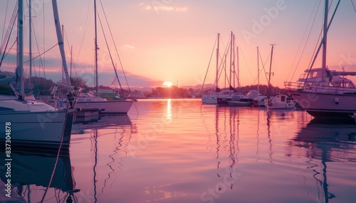 Tranquil sunset harbor with private boats, providing ample copy space for text placement © Daria