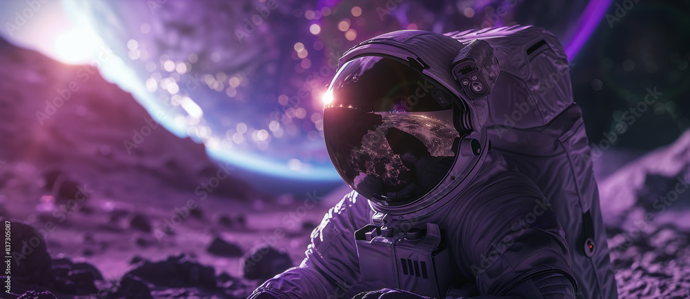Astronaut Standing On A Purple Moon With Earth In The Distance Astronaut Standing On A Purple Moon With Earth In The Distance