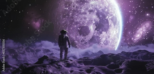Astronaut Standing on an Alien Planet With a Large Moon in the Sky