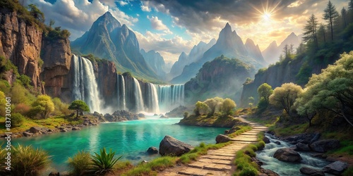 Fantasy landscape with path leading to turquoise waterfall and mountains in distance