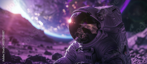 Astronaut Standing On A Purple Moon With Earth In The Distance