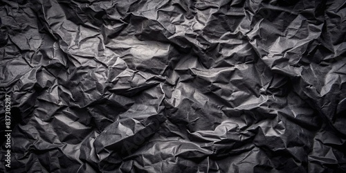 Crumpled black paper texture under dim lighting