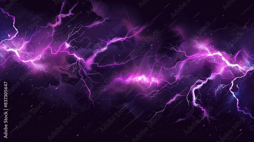 Lightnings, purple thunderbolts hit ground isolated on black background. Sparking electric strikes, storm discharges, lightning attack effect, vector cartoon illustration Lightnings, purple thunderbolts hit ground isolated on black background. Sparking electric strikes, storm discharges, lightning attack effect, vector cartoon illustration
