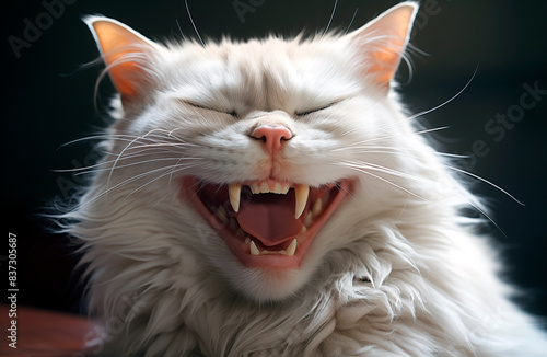White cat laughs, showing his sharp teeth, cartoon illustration ai photo